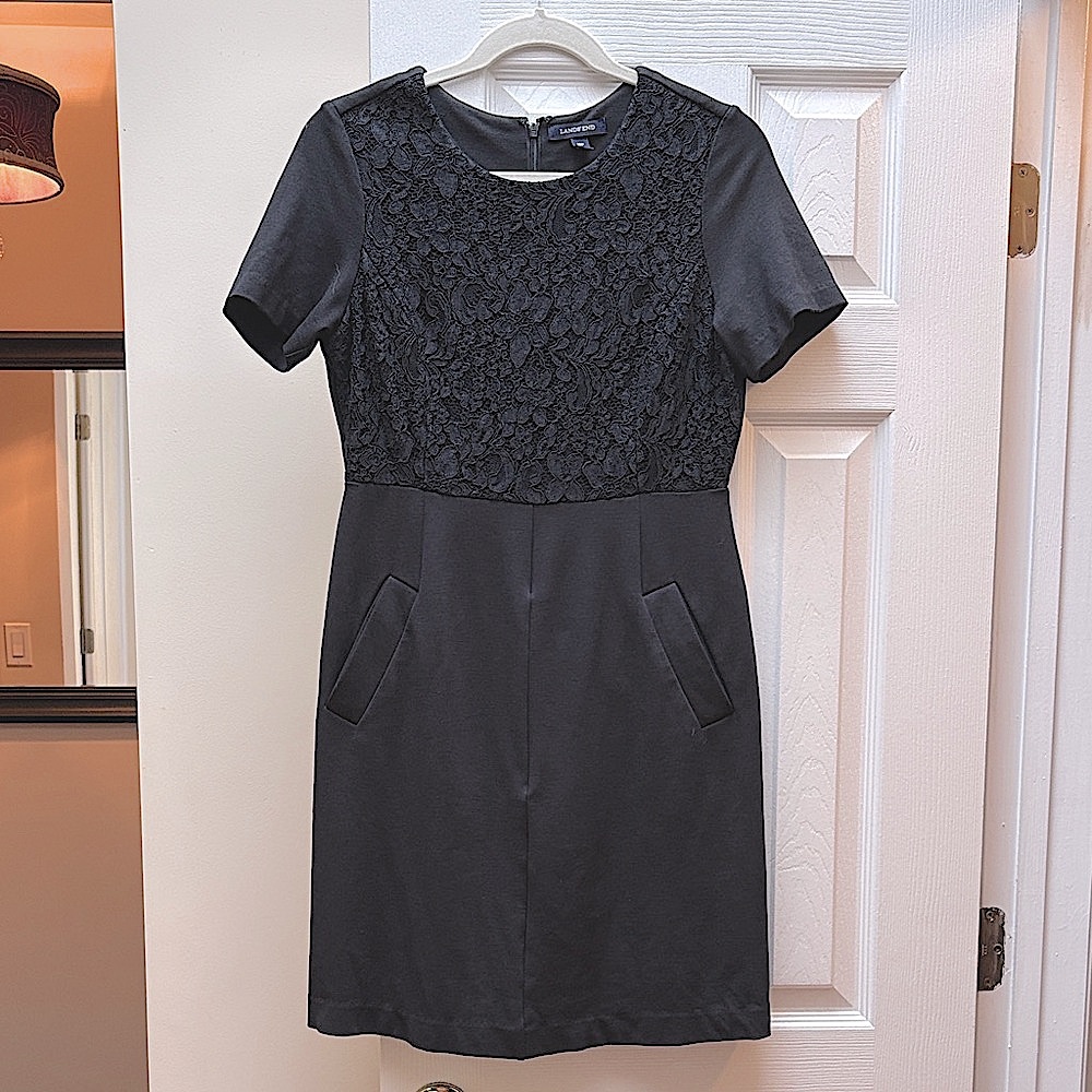 Lands End Women’s Black Lace Sheath Dress Size 10 petite EUC